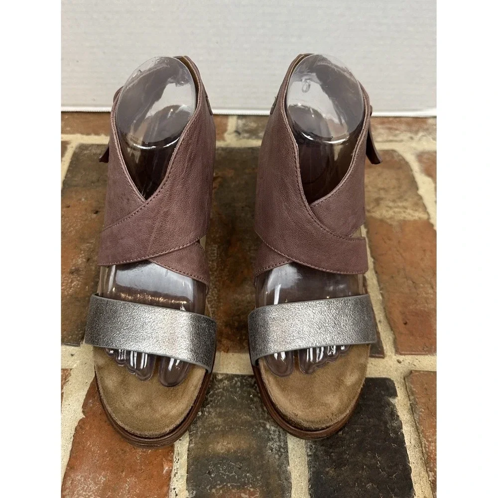 Sofft Christine Stacked Heel Sandals Women's 9‎ Leather Brown Silver Strappy